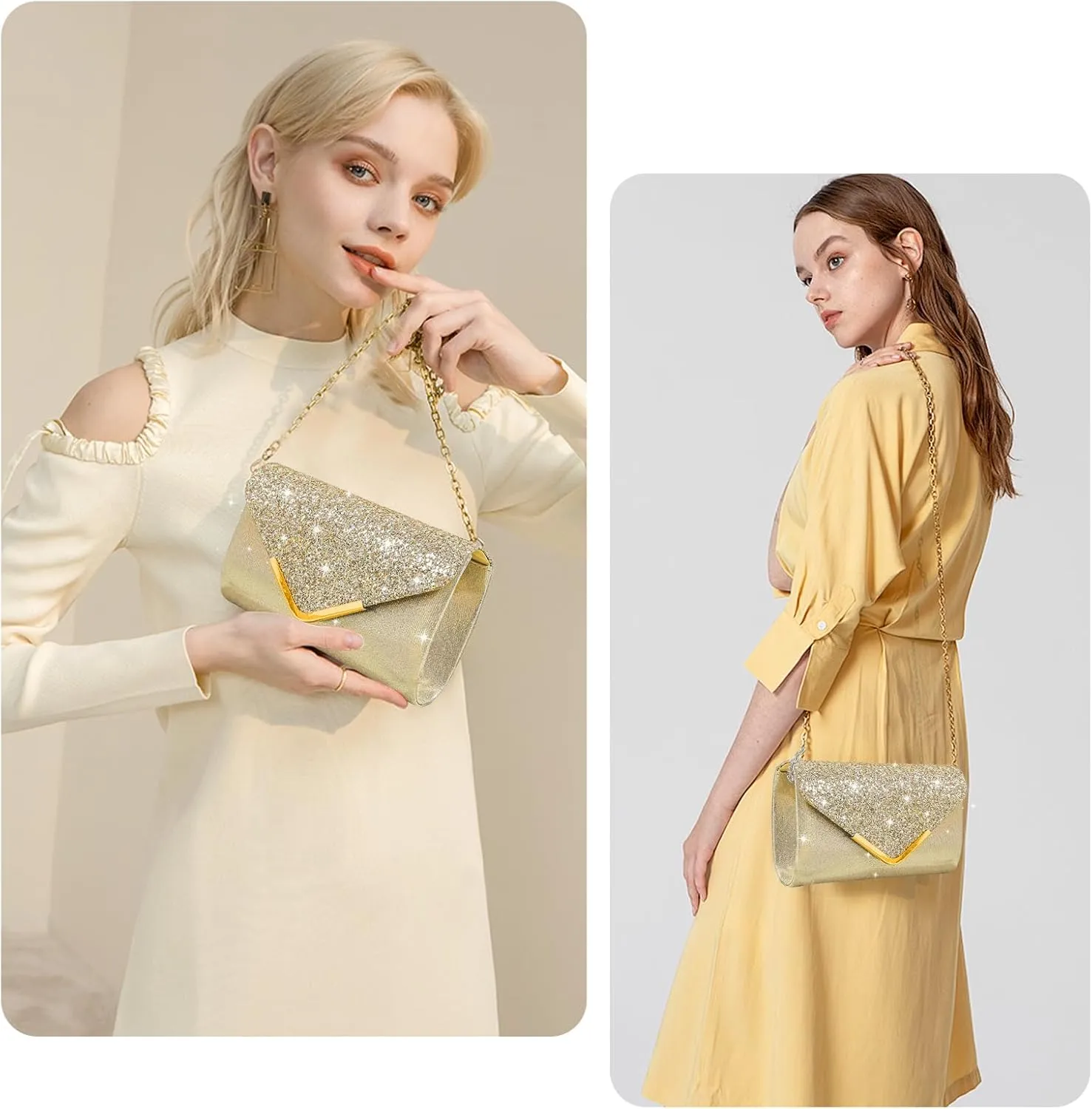 Shiny Sequin Envelope Clutch - Glitter Evening Bag with Chain for Wedding, Formal, Cocktail Party