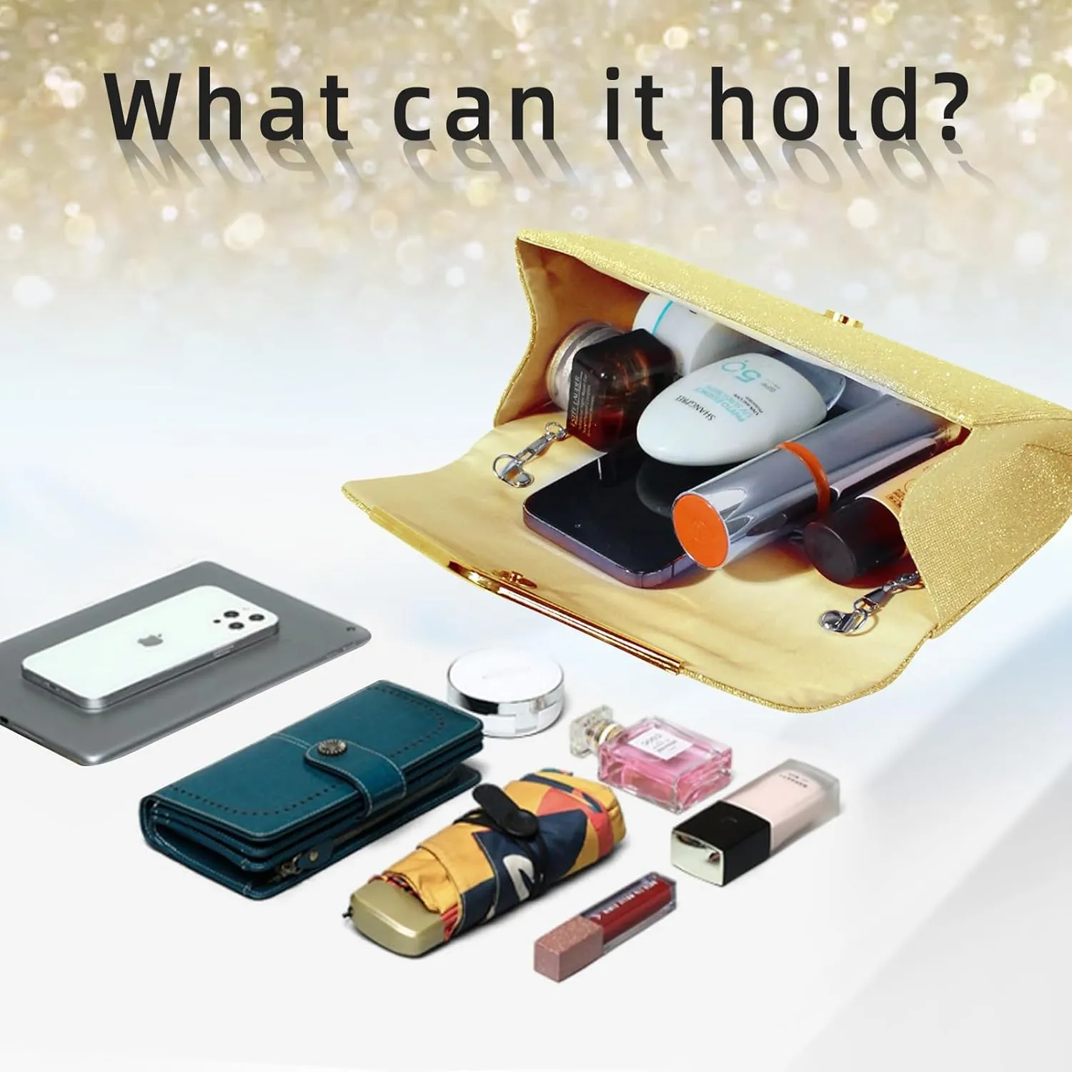 Shiny Sequin Envelope Clutch - Glitter Evening Bag with Chain for Wedding, Formal, Cocktail Party