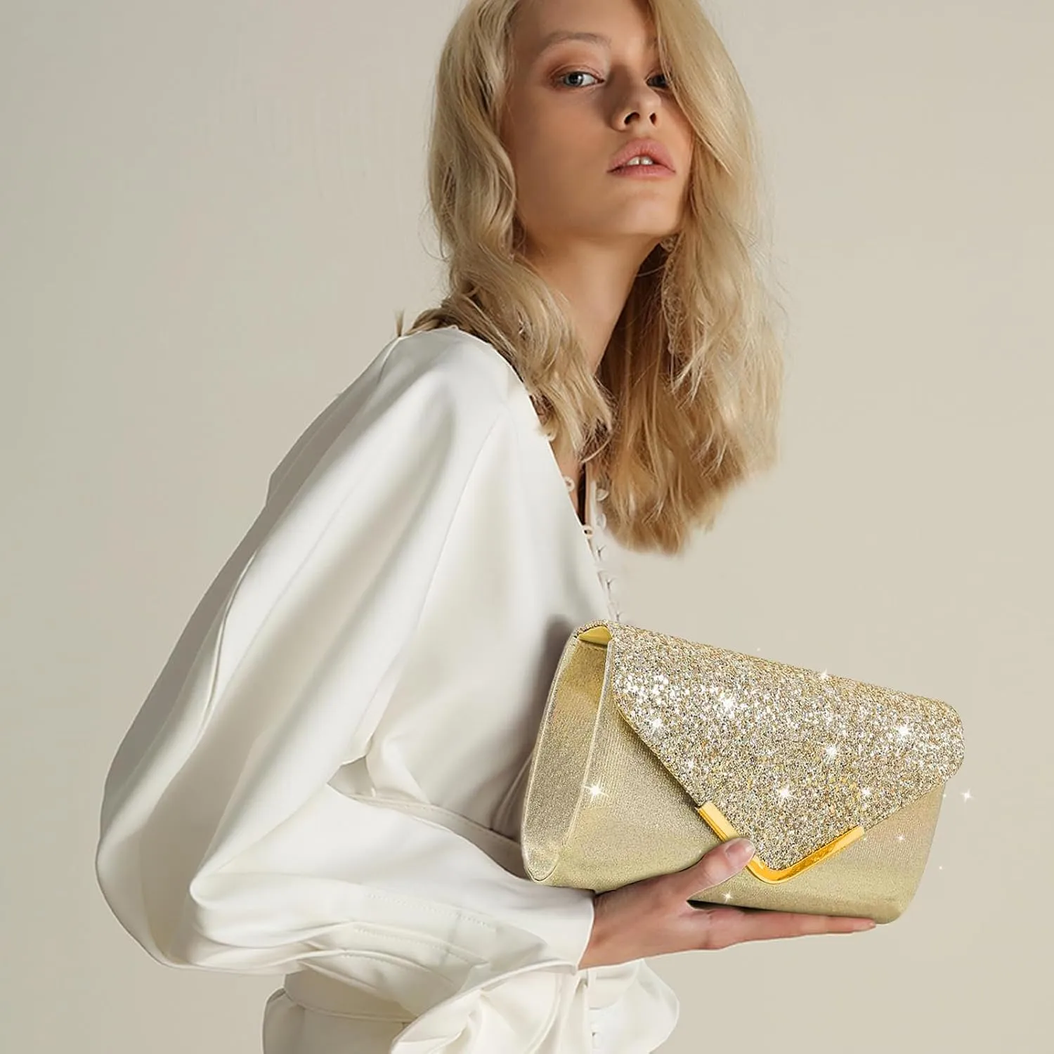 Shiny Sequin Envelope Clutch - Glitter Evening Bag with Chain for Wedding, Formal, Cocktail Party