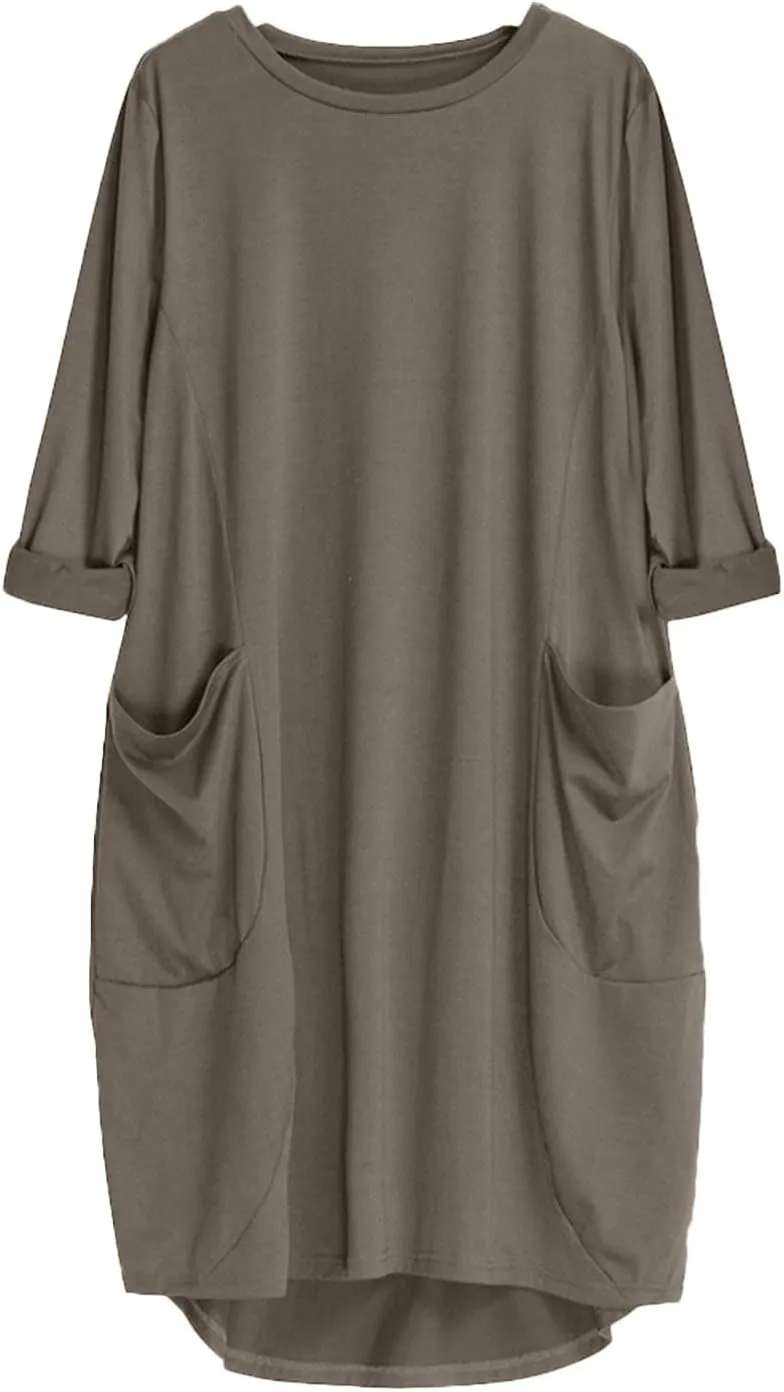 Shirt Dresses for Women 2024 Plus Size Long Sleeve Solid Crewneck Loose Comfy Midi Dress Party Fall Outfits Clothes