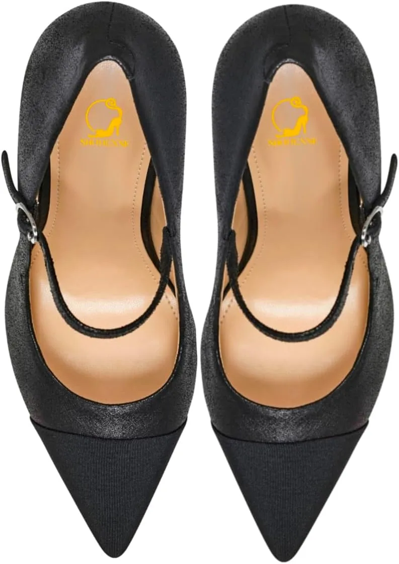 SHODENSE Women Chunky High Heel Mary Jane Pumps Shoes Ankle Strap Closed Pointed Toe Dress Sandals Two-Toned Cap Toe Patent Leather Mary Jane Heels Buckle Patchwork Office Work Party Dance 4-11 M US