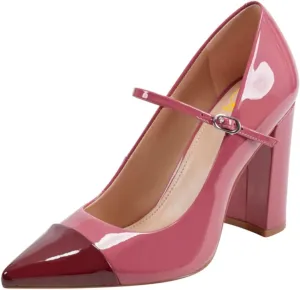 SHODENSE Women Chunky High Heel Mary Jane Pumps Shoes Ankle Strap Closed Pointed Toe Dress Sandals Two-Toned Cap Toe Patent Leather Mary Jane Heels Buckle Patchwork Office Work Party Dance 4-11 M US