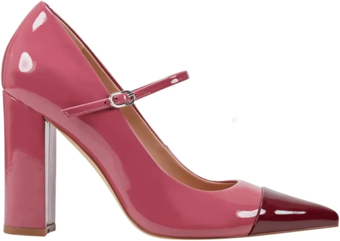 SHODENSE Women Chunky High Heel Mary Jane Pumps Shoes Ankle Strap Closed Pointed Toe Dress Sandals Two-Toned Cap Toe Patent Leather Mary Jane Heels Buckle Patchwork Office Work Party Dance 4-11 M US