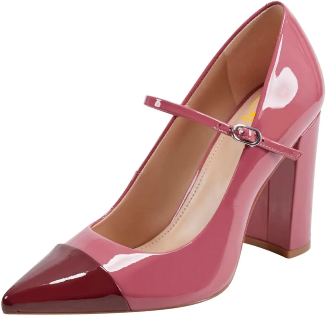 SHODENSE Women Chunky High Heel Mary Jane Pumps Shoes Ankle Strap Closed Pointed Toe Dress Sandals Two-Toned Cap Toe Patent Leather Mary Jane Heels Buckle Patchwork Office Work Party Dance 4-11 M US