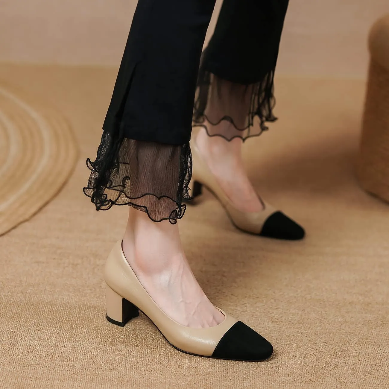SHODENSE Women Classic Chunky Block Heel Pumps Cap Toe Two Toned 2.5" Heel Dress Shoes Slip On Almond Closed Toe Dress Sandals Patchwork Colorblock Formal Office Work Pump Wedding Evening 4-11 M US