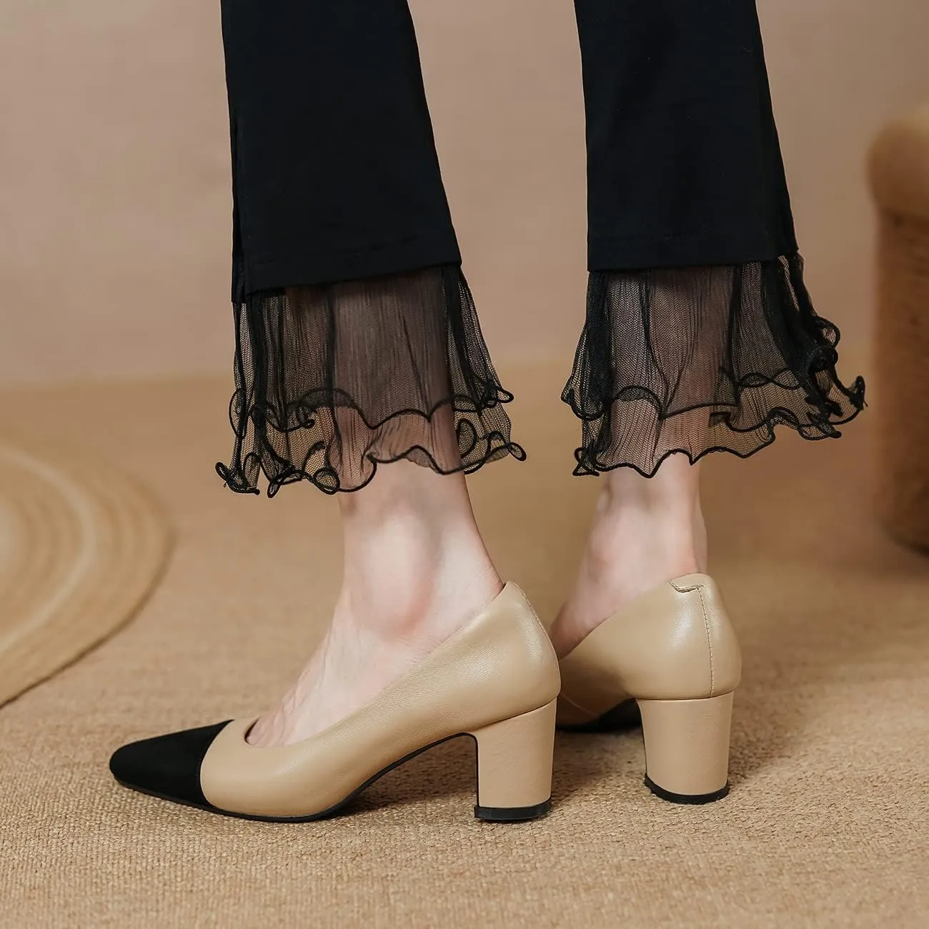 SHODENSE Women Classic Chunky Block Heel Pumps Cap Toe Two Toned 2.5" Heel Dress Shoes Slip On Almond Closed Toe Dress Sandals Patchwork Colorblock Formal Office Work Pump Wedding Evening 4-11 M US