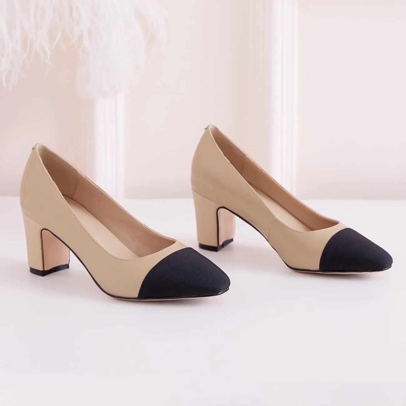 SHODENSE Women Classic Chunky Block Heel Pumps Cap Toe Two Toned 2.5" Heel Dress Shoes Slip On Almond Closed Toe Dress Sandals Patchwork Colorblock Formal Office Work Pump Wedding Evening 4-11 M US