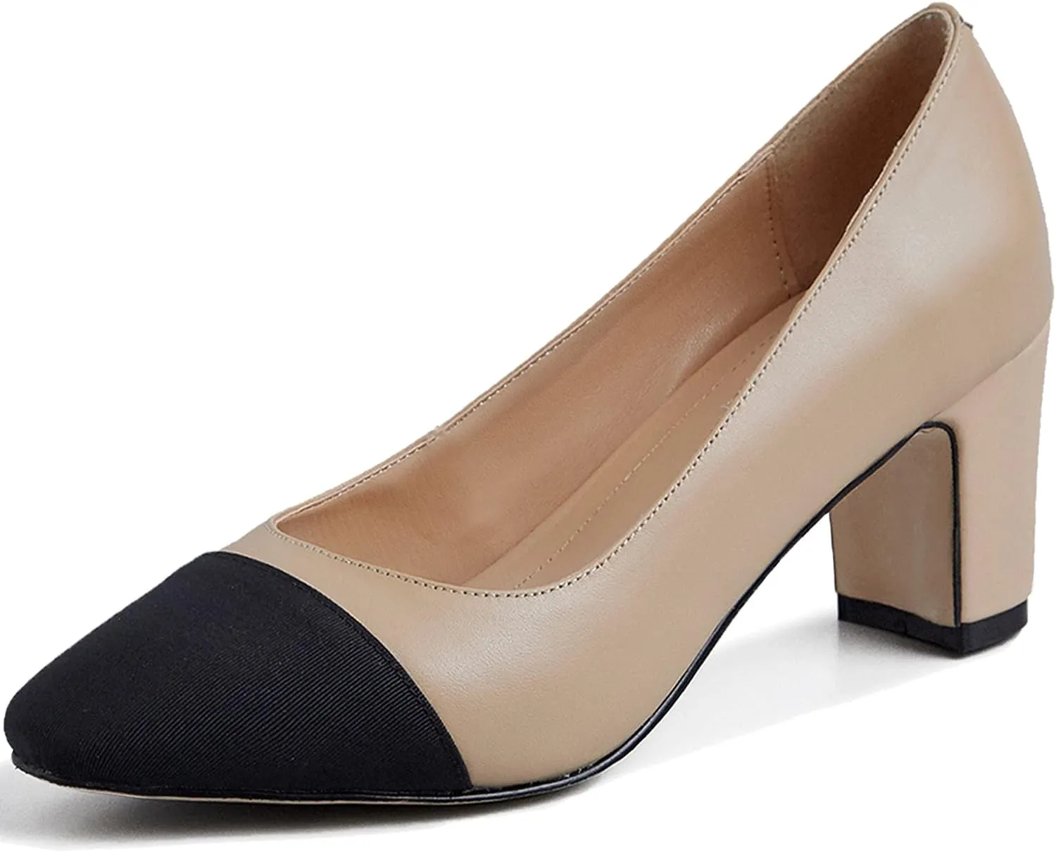 SHODENSE Women Classic Chunky Block Heel Pumps Cap Toe Two Toned 2.5" Heel Dress Shoes Slip On Almond Closed Toe Dress Sandals Patchwork Colorblock Formal Office Work Pump Wedding Evening 4-11 M US