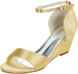 SHUTUP.DANCE Womens Satin Wedge Sandals Comfort Wedding Shoes Bridesmail Slingback Ankle Strap Shoes 6.5CM Bride Party Dress Evening