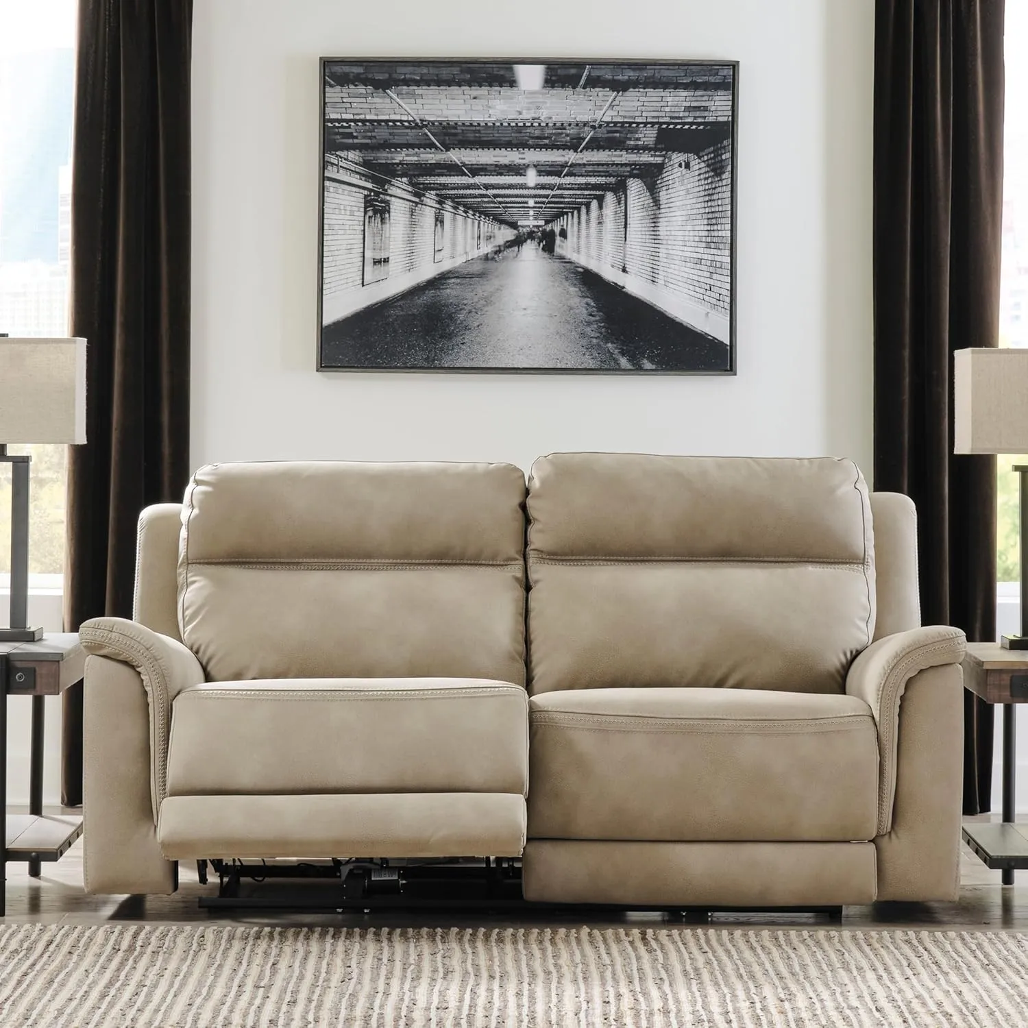 Signature Design by Ashley Next-Gen DuraPella Faux Leather Zero Wall Power Reclining Sofa with USB, Beige Sand