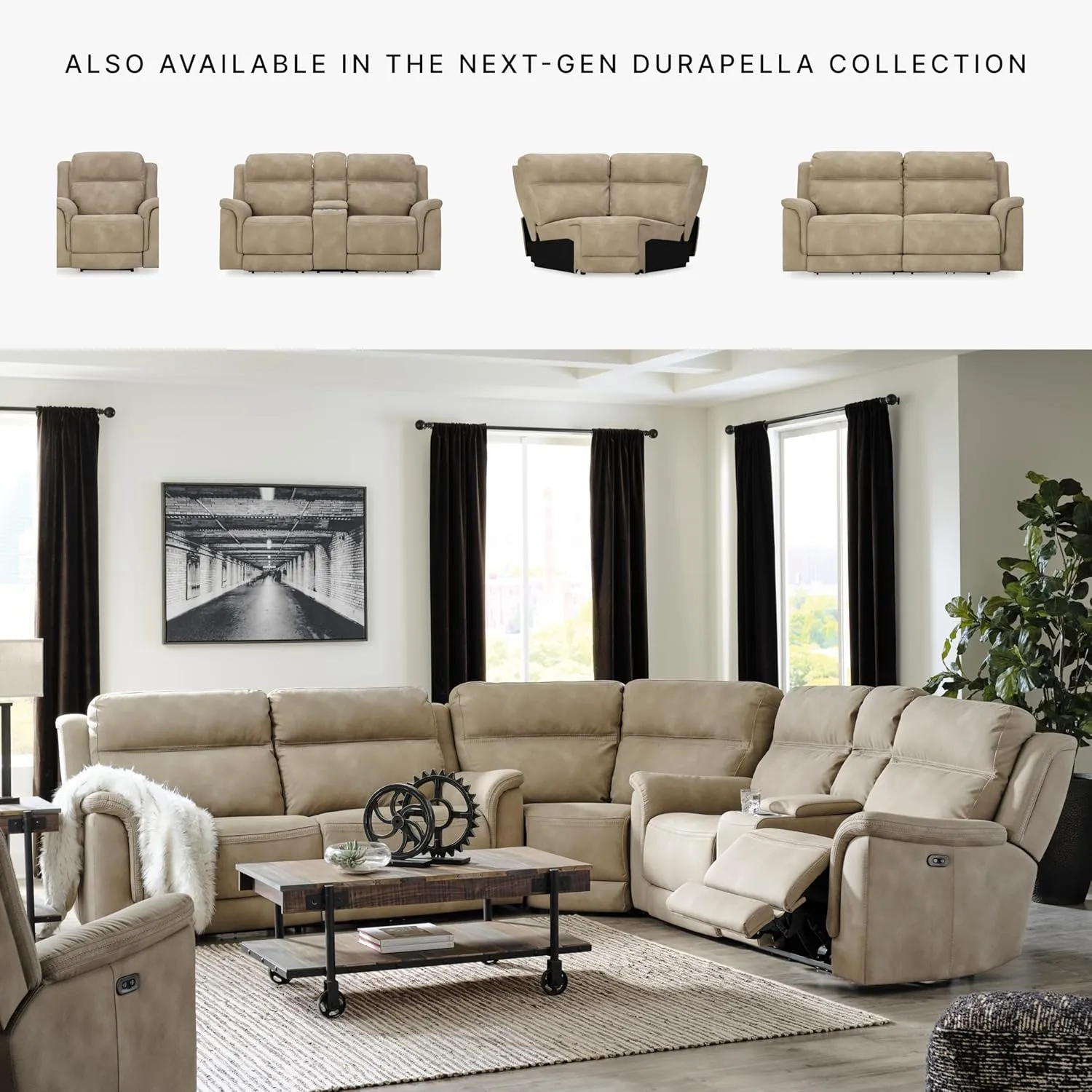 Signature Design by Ashley Next-Gen DuraPella Faux Leather Zero Wall Power Reclining Sofa with USB, Beige Sand
