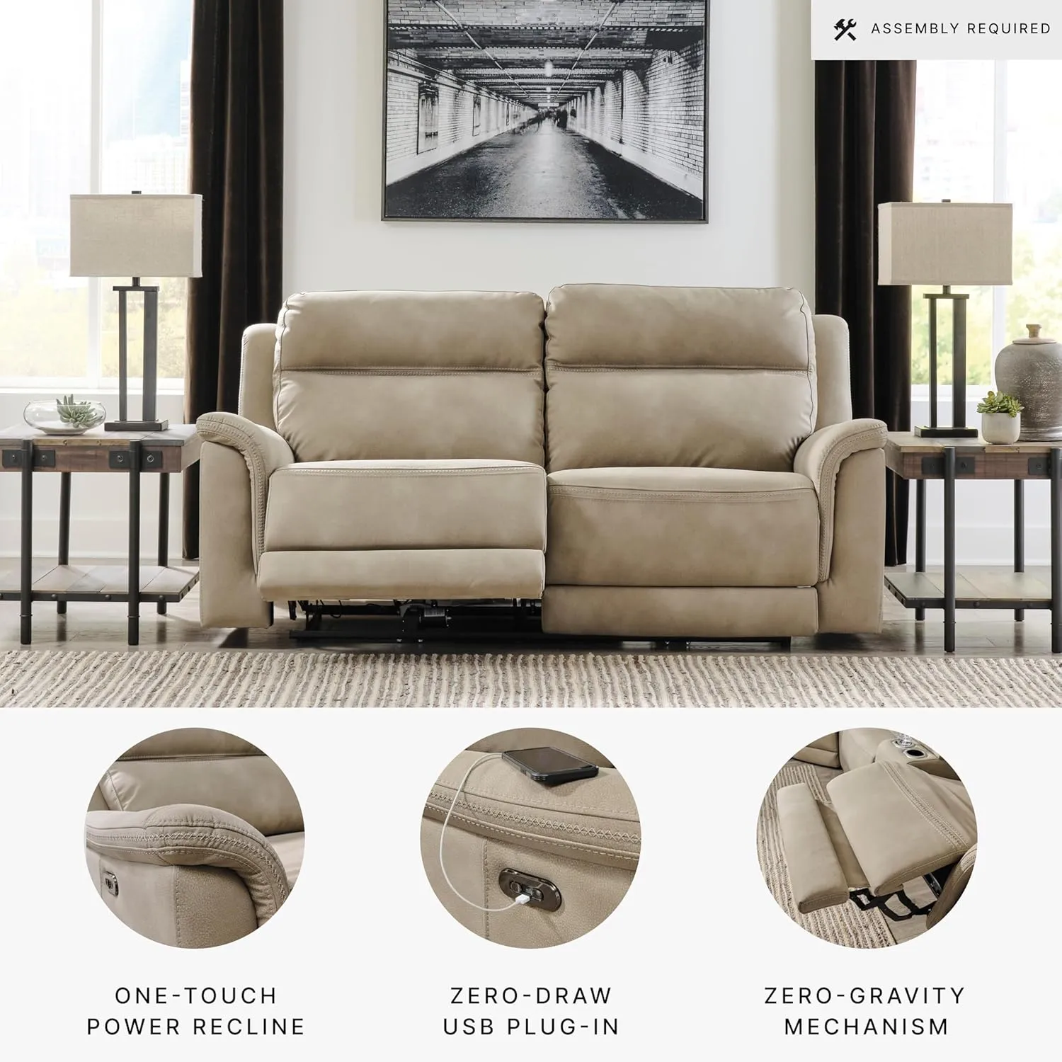 Signature Design by Ashley Next-Gen DuraPella Faux Leather Zero Wall Power Reclining Sofa with USB, Beige Sand