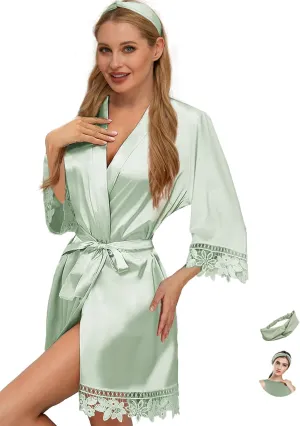 Silk Robes for Womens 2Pcs Satin Robe Kimonos Bridesmaid Bride Lace Bathrobes Sleepwear Bridal Silky Loungewear Wedding Robes