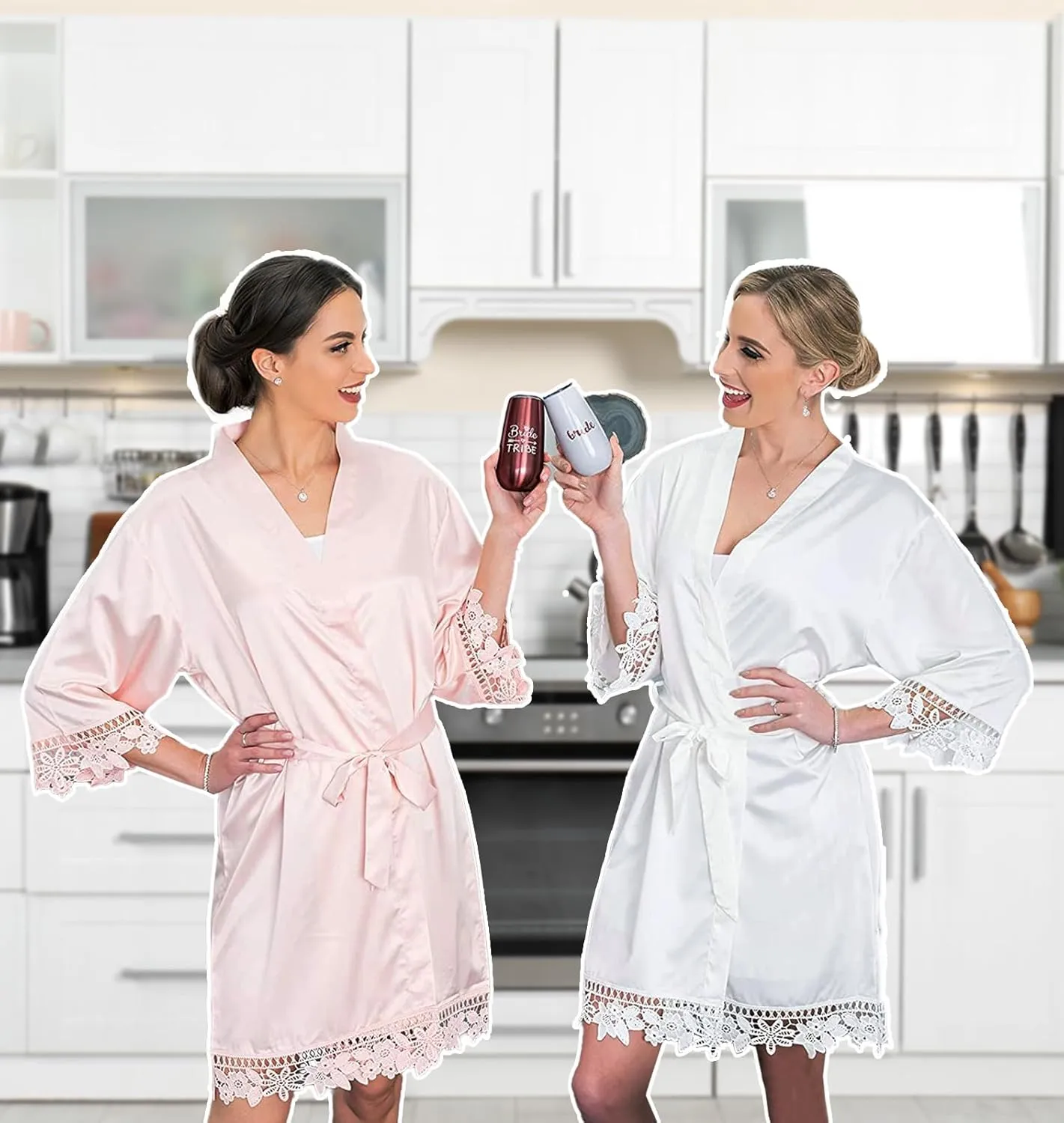 Silk Robes for Womens 2Pcs Satin Robe Kimonos Bridesmaid Bride Lace Bathrobes Sleepwear Bridal Silky Loungewear Wedding Robes