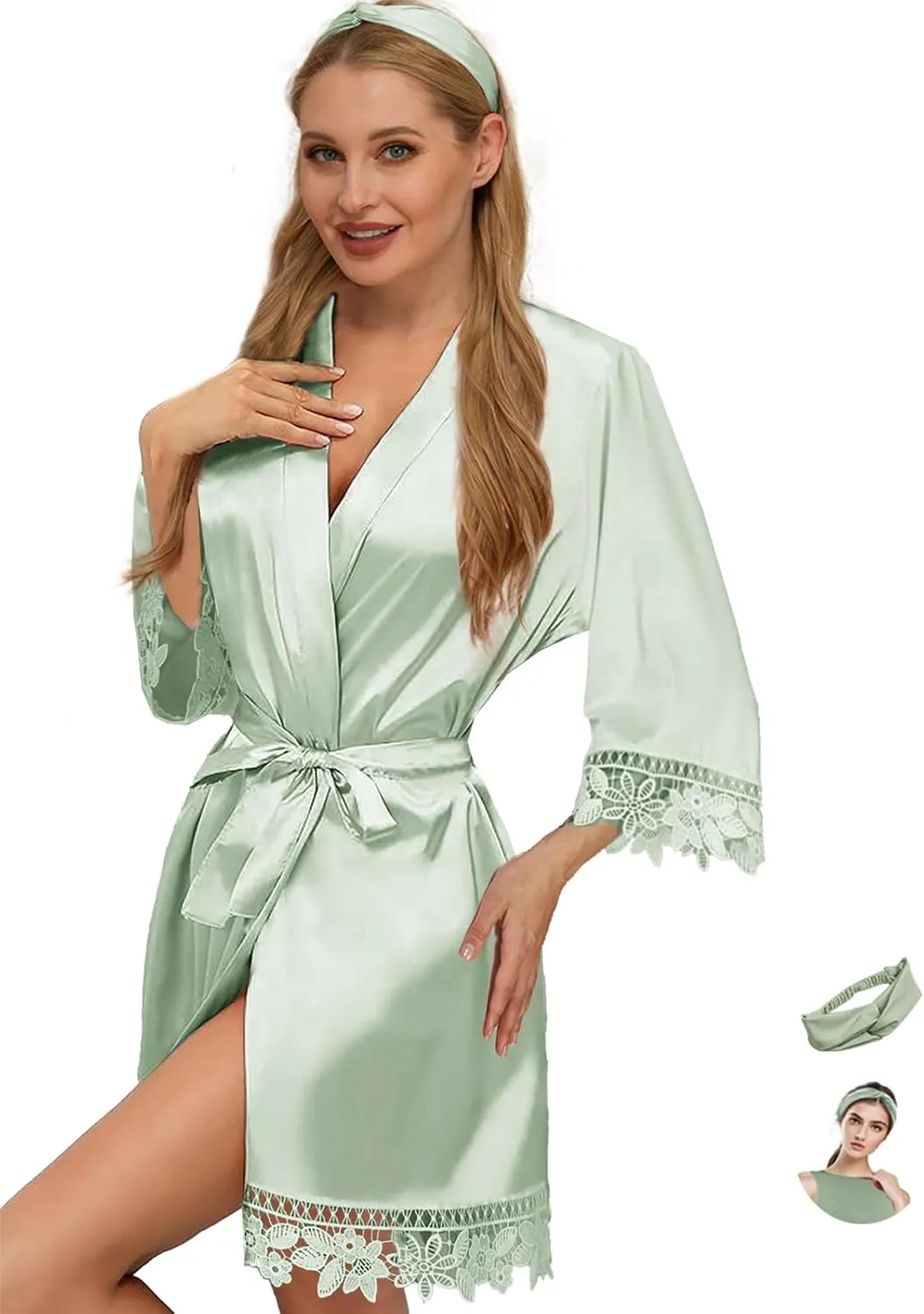 Silk Robes for Womens 2Pcs Satin Robe Kimonos Bridesmaid Bride Lace Bathrobes Sleepwear Bridal Silky Loungewear Wedding Robes