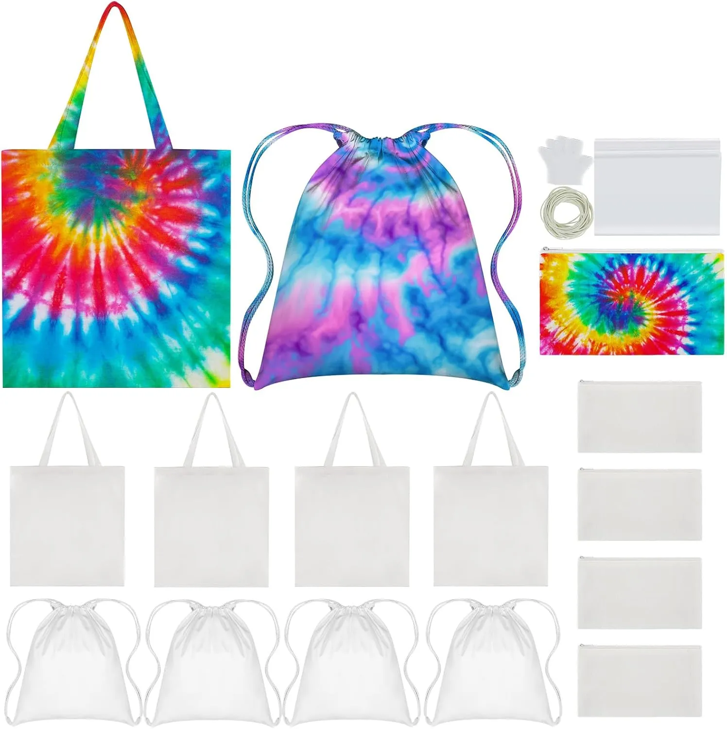 Silkfly 12 Pcs Cotton Bags Set for Tie Dye Kit 3 Style Cotton Tote Drawstring Makeup Bags Items for DIY Large Groups Tie Dying (Small)