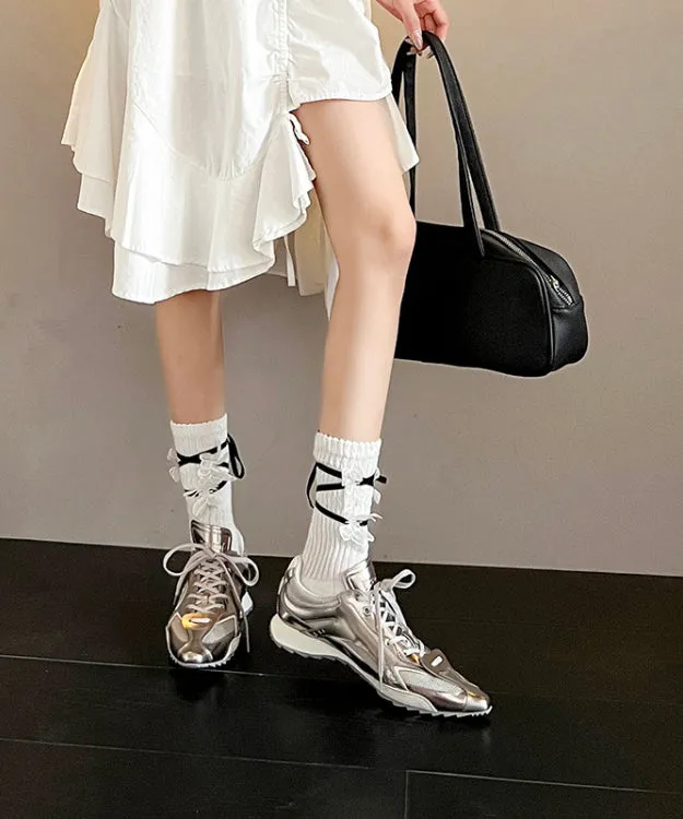 Silver Faux Leather Lace Up Splicing Fashion Sport Shoes Pointed Toe