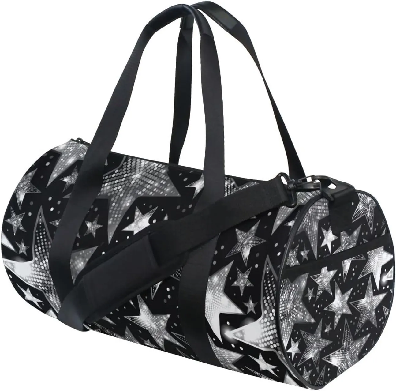 Silver White Shiny Sparkles and Sequins in the Form of Stars Duffel Bag, Foldable Canvas Travel Tote for Gym Sports with Inner Pockets, Durable Lightweight Fitness Bag for Overnight Workout