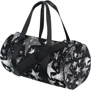 Silver White Shiny Sparkles and Sequins in the Form of Stars Duffel Bag, Foldable Canvas Travel Tote for Gym Sports with Inner Pockets, Durable Lightweight Fitness Bag for Overnight Workout