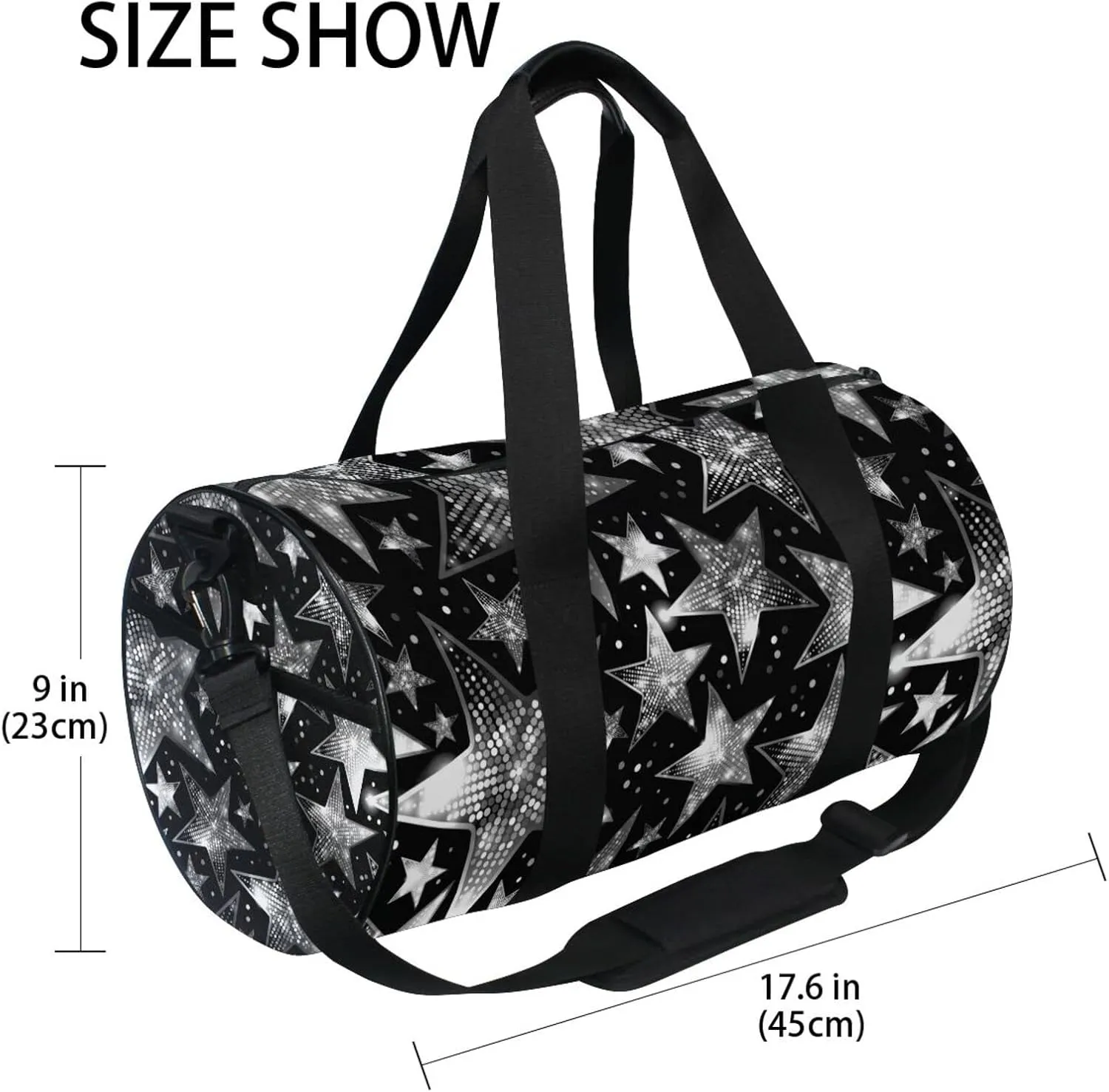 Silver White Shiny Sparkles and Sequins in the Form of Stars Duffel Bag, Foldable Canvas Travel Tote for Gym Sports with Inner Pockets, Durable Lightweight Fitness Bag for Overnight Workout