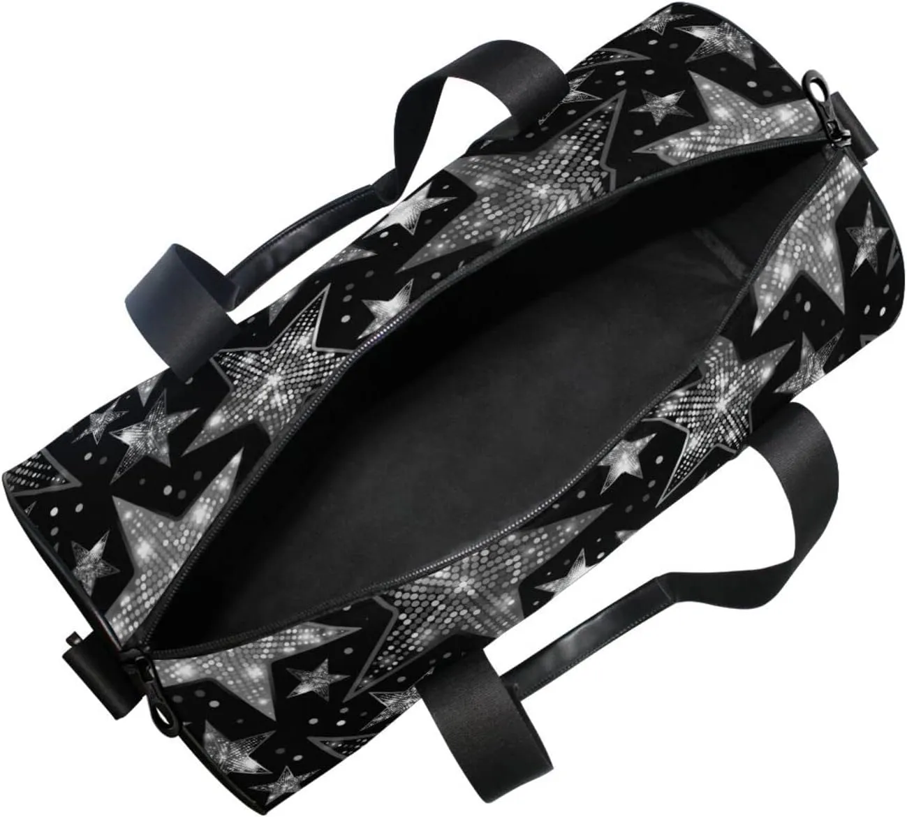 Silver White Shiny Sparkles and Sequins in the Form of Stars Duffel Bag, Foldable Canvas Travel Tote for Gym Sports with Inner Pockets, Durable Lightweight Fitness Bag for Overnight Workout