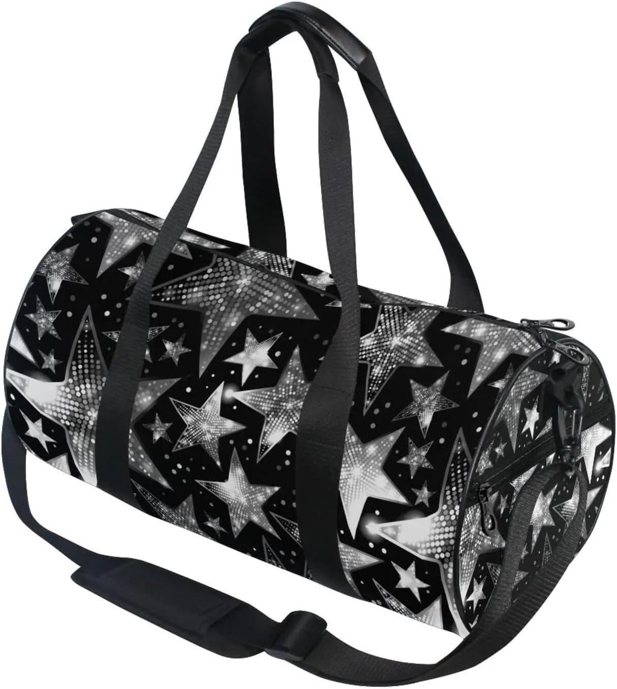 Silver White Shiny Sparkles and Sequins in the Form of Stars Duffel Bag, Foldable Canvas Travel Tote for Gym Sports with Inner Pockets, Durable Lightweight Fitness Bag for Overnight Workout