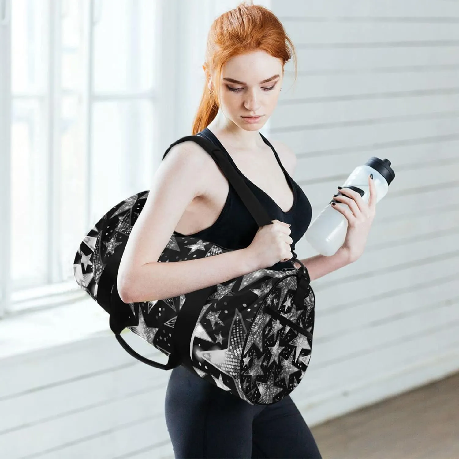 Silver White Shiny Sparkles and Sequins in the Form of Stars Duffel Bag, Foldable Canvas Travel Tote for Gym Sports with Inner Pockets, Durable Lightweight Fitness Bag for Overnight Workout