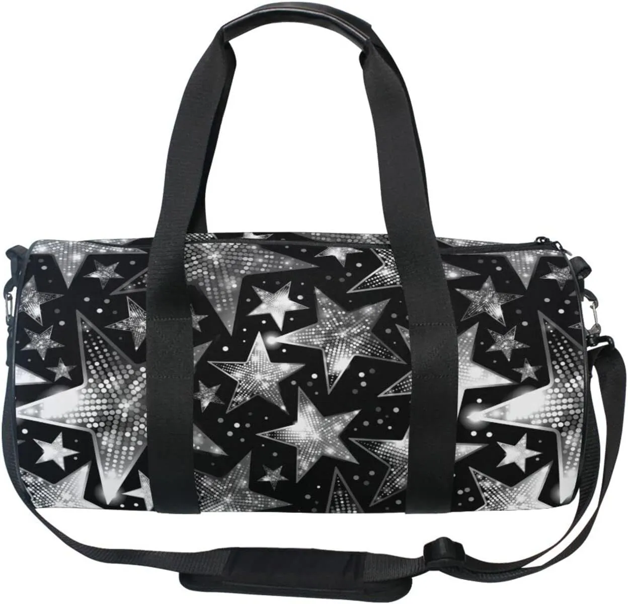 Silver White Shiny Sparkles and Sequins in the Form of Stars Duffel Bag, Foldable Canvas Travel Tote for Gym Sports with Inner Pockets, Durable Lightweight Fitness Bag for Overnight Workout
