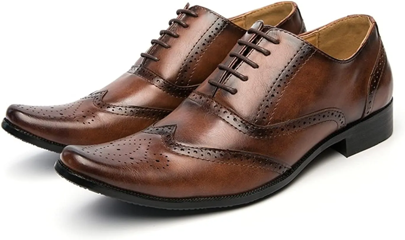 Single Season Dress Shoes for Men Lace Up Brogue Embossed Wing Tip Plain Burnished Toe Vegan Leather Non Slip Anti-Slip Slip Resistant Low Top Party Very Popular Among Young People