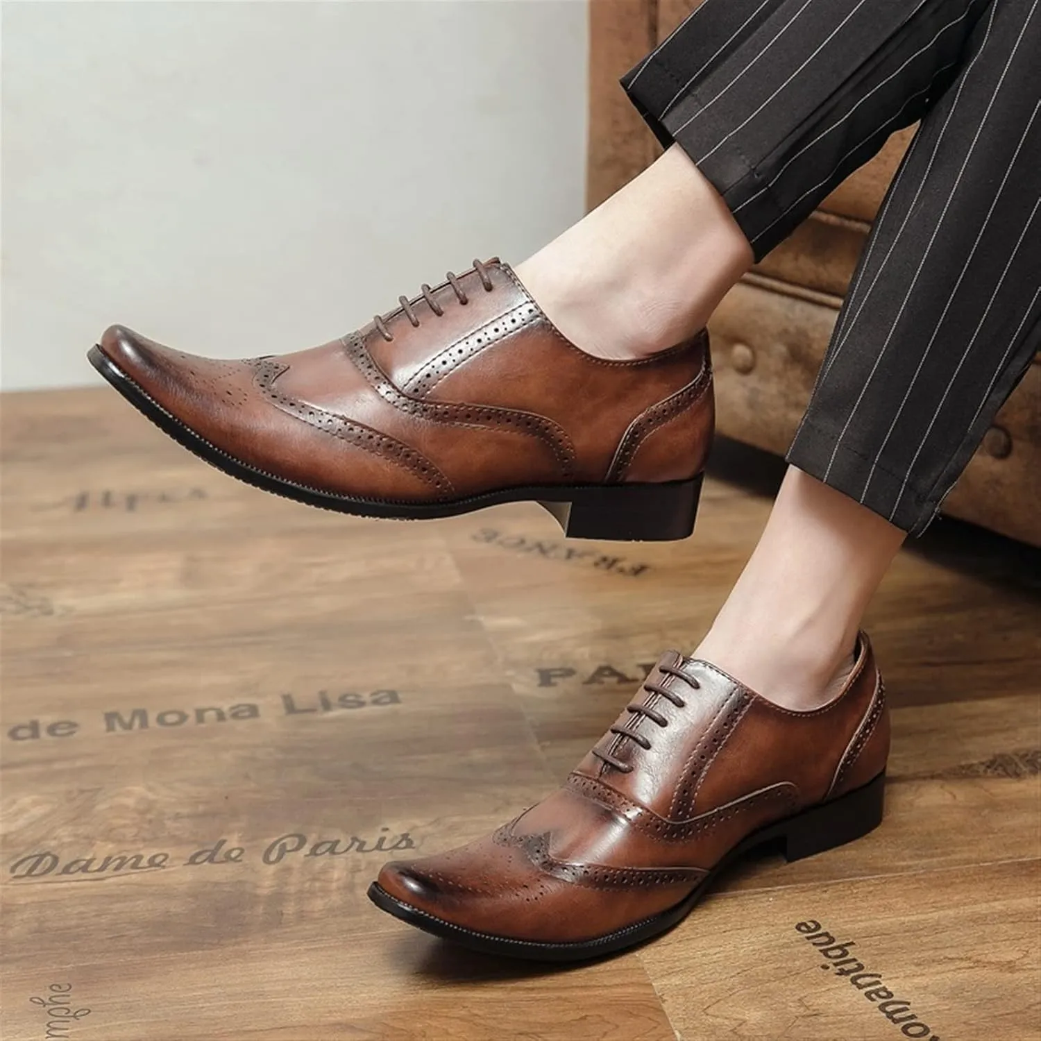 Single Season Dress Shoes for Men Lace Up Brogue Embossed Wing Tip Plain Burnished Toe Vegan Leather Non Slip Anti-Slip Slip Resistant Low Top Party Very Popular Among Young People