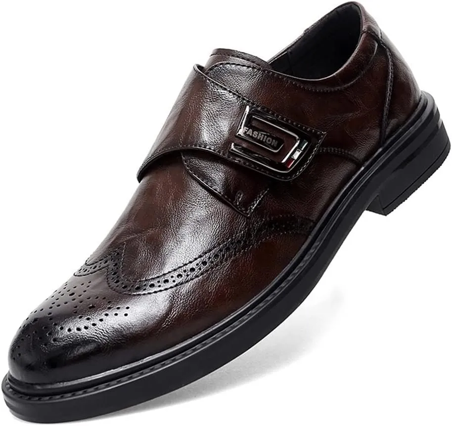 Single Season Formal Dress Shoes for Men Slip On Monk Strap Burnished Toe Brogue Embossed Vegan Leather Slip Resistant Rubber Sole Anti-Slip Low Top Casual Very Popular Among Young People Brown