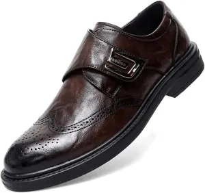 Single Season Formal Dress Shoes for Men Slip On Monk Strap Burnished Toe Brogue Embossed Vegan Leather Slip Resistant Rubber Sole Anti-Slip Low Top Casual Very Popular Among Young People Brown