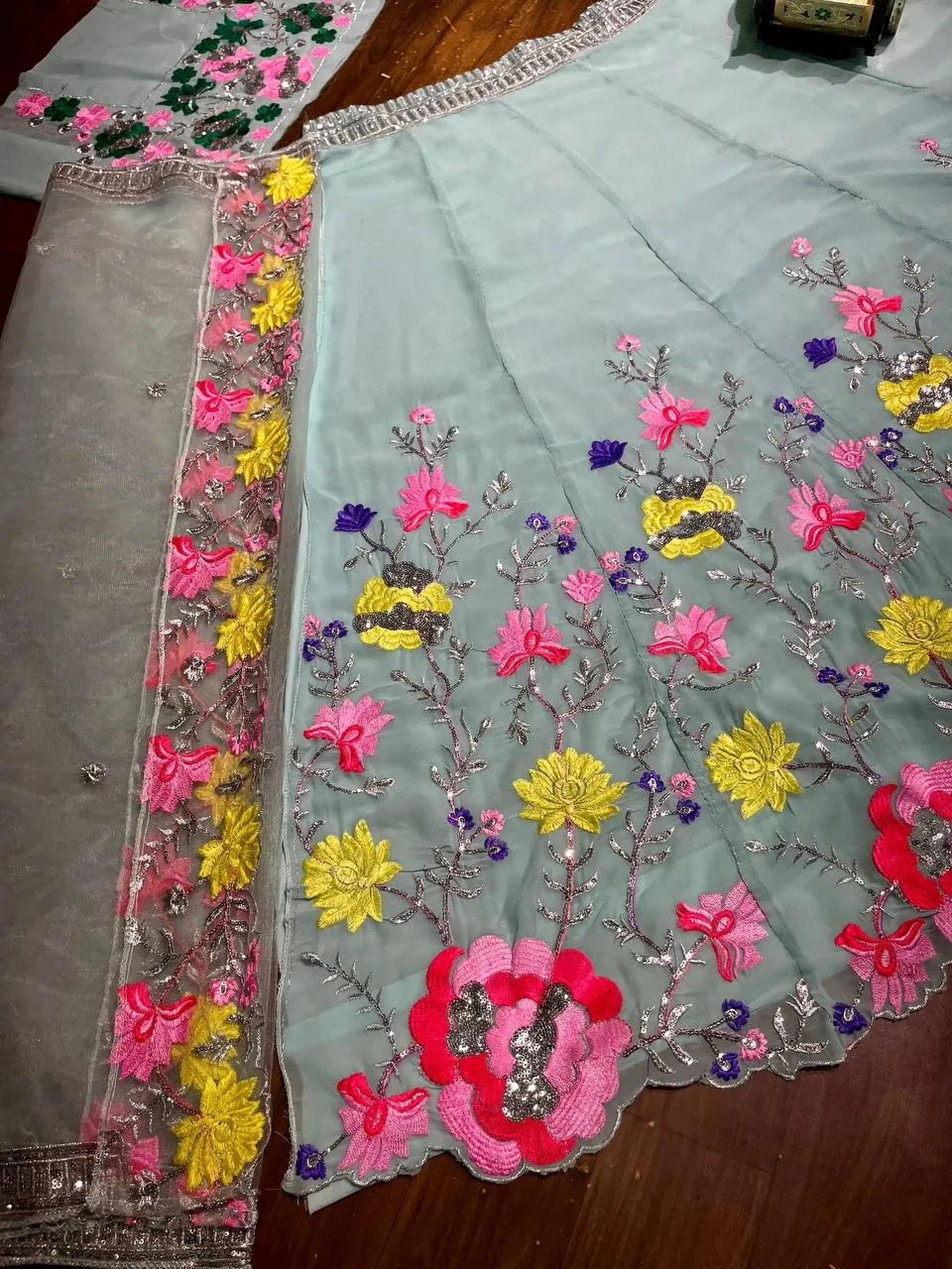 Sky Color Floral Work Lehenga Choli