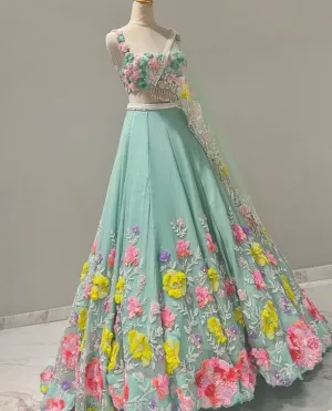 Sky Color Floral Work Lehenga Choli