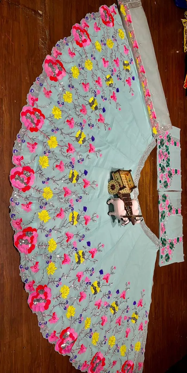 Sky Color Floral Work Lehenga Choli