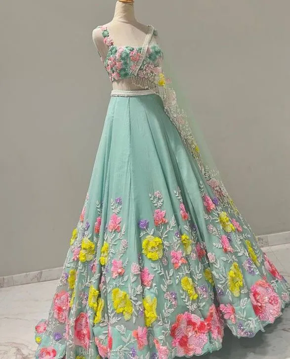 Sky Color Floral Work Lehenga Choli