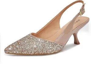 Slingback Kitten Heels for Women Closed Pointed Toe Low Heel Pumps Glitter Sparkly Rhinestone Heels