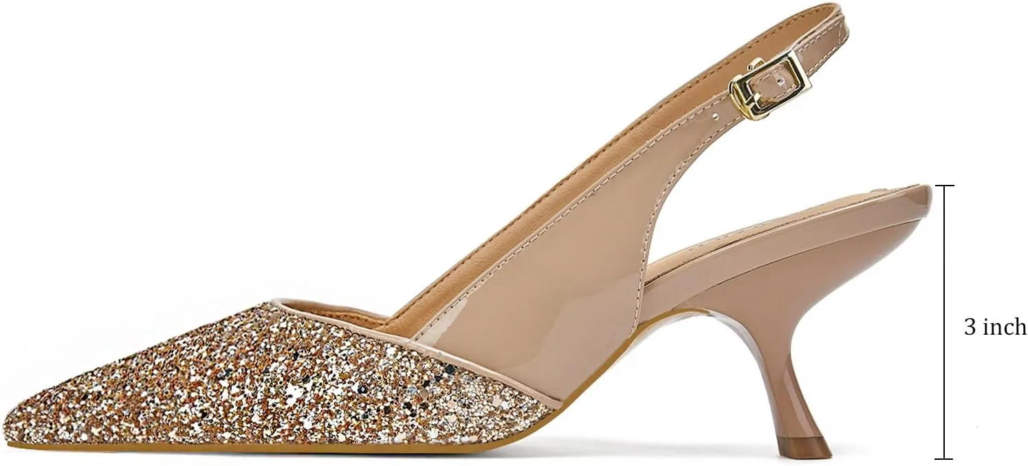 Slingback Kitten Heels for Women Closed Pointed Toe Low Heel Pumps Glitter Sparkly Rhinestone Heels