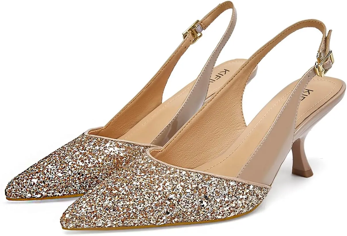 Slingback Kitten Heels for Women Closed Pointed Toe Low Heel Pumps Glitter Sparkly Rhinestone Heels