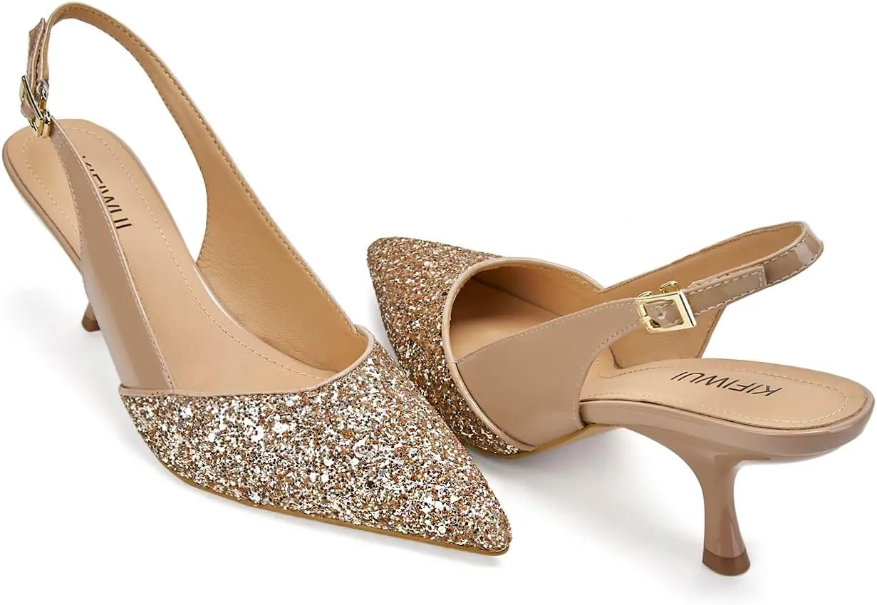 Slingback Kitten Heels for Women Closed Pointed Toe Low Heel Pumps Glitter Sparkly Rhinestone Heels