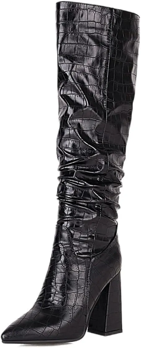 Slouch Knee High Boots for Women Fashion Faux Crocodile Boots
