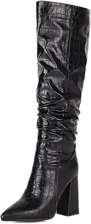 Slouch Knee High Boots for Women Fashion Faux Crocodile Boots
