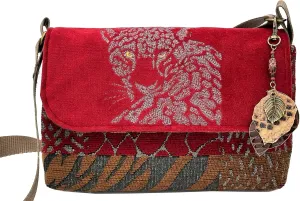 Small Crossbody Messenger Purse, Velvet Tiger Flap with Tapestry, 9W x 7H inches, Dark Red