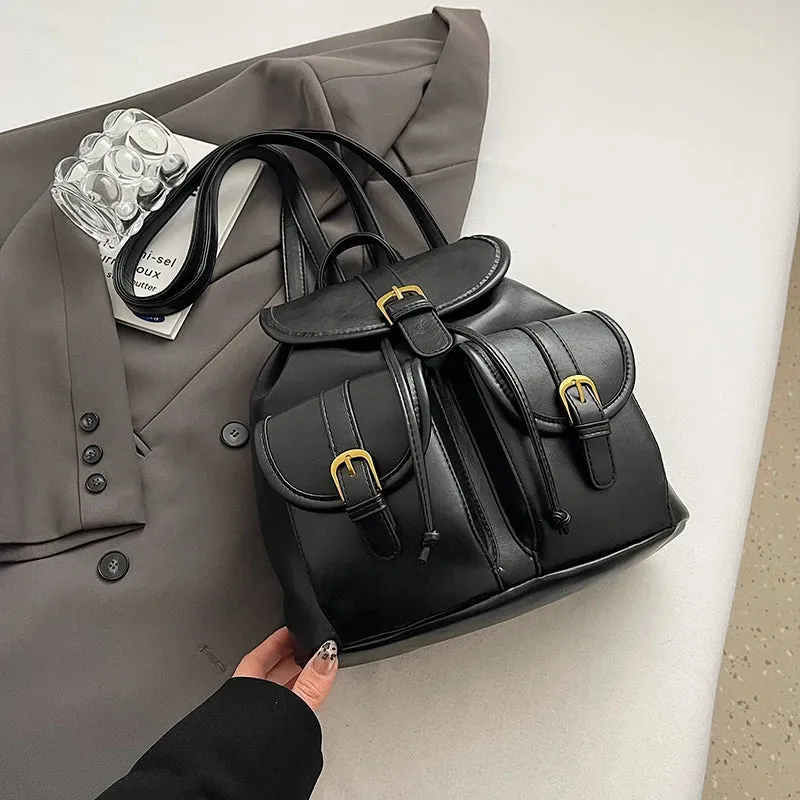 Small Double Pockets Faux Leather Backpack