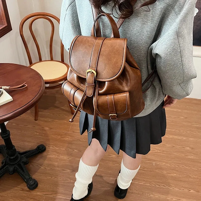 Small Double Pockets Faux Leather Backpack