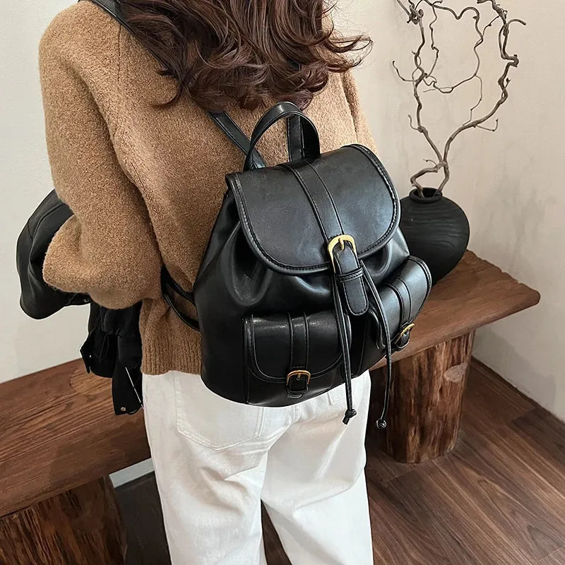 Small Double Pockets Faux Leather Backpack