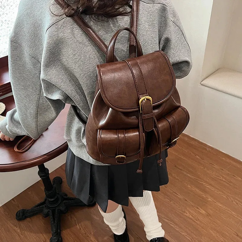 Small Double Pockets Faux Leather Backpack