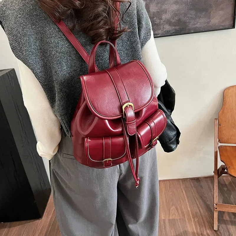 Small Double Pockets Faux Leather Backpack
