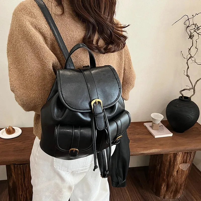 Small Double Pockets Faux Leather Backpack