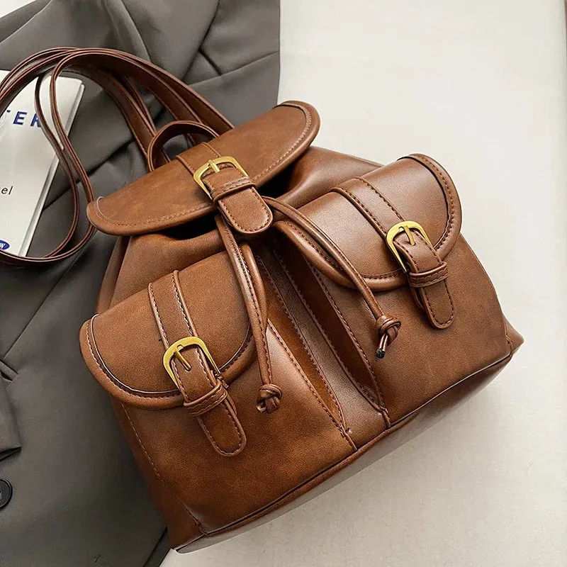 Small Double Pockets Faux Leather Backpack